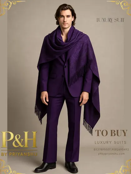 This unique purple suit is paired with a luxurious, richly embroidered shawl. It's a modern, regal look that combines the structure of a suit with the flowing elegance of traditional Indian draping.