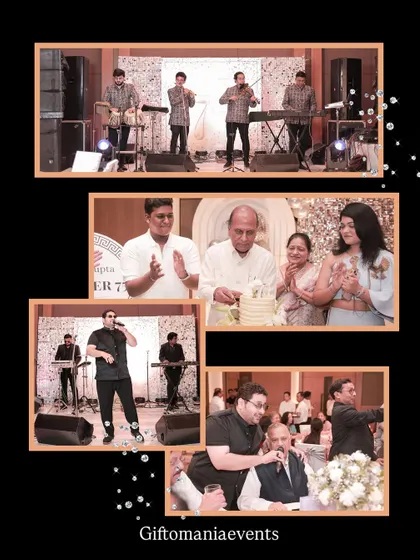 This collage captures the vibrant atmosphere of a 75th birthday celebration in full swing. It showcases the live band entertainment I arranged and the joyous moments of the cake-cutting ceremony, reflecting my focus on the complete event experience.