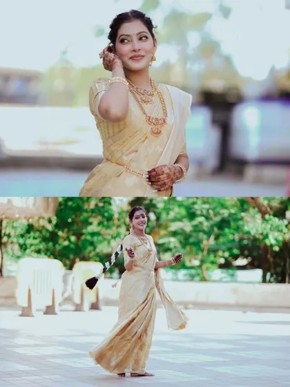 A combination of a candid, joyful twirl and a poised, elegant pose. This diptych captures both the playful and graceful sides of the subject.
