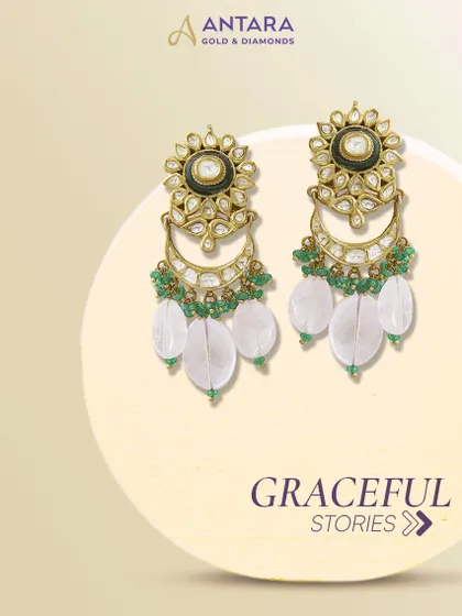A matching pair of Polki chandbali earrings, designed to complement our necklaces. They feature the same graceful combination of Polki, enamel, and gemstone drops.