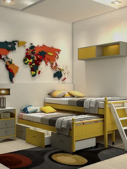 A fun and functional kids' bedroom with a yellow bunk bed that includes built-in storage drawers. The room is decorated with a colorful 3D world map on the wall, creating an inspiring space for children.