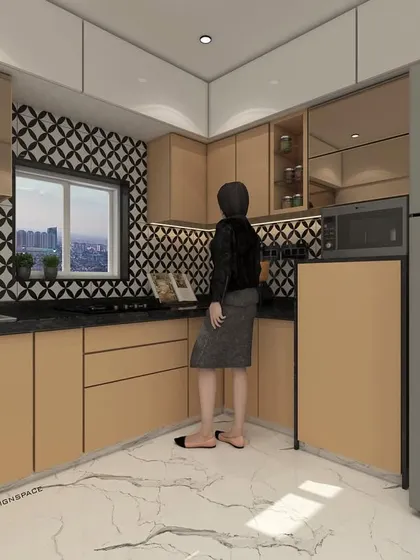 This kitchen render features beige cabinets paired with a striking black and white geometric tile backsplash. The L-shaped layout is designed for efficiency, with the refrigerator and microwave neatly integrated.