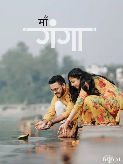 A serene pre-wedding moment by the holy Ganga. We know the most peaceful spots in Rishikesh to capture the spiritual essence of your connection.
