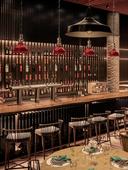 A detailed 3D render of the bar seating area. This helped us finalize the design of the custom bar stools, the live edge countertop, and the placement of pendant lights to ensure both functionality and aesthetic appeal.