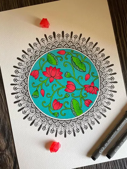 Another view of my Pichwai-inspired mandala. This piece is a celebration of two beautiful Indian art forms, blending intricate patterns with nature-inspired themes.