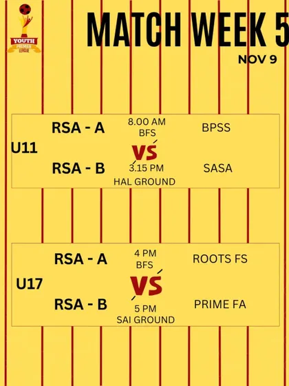 Match week 5 fixtures for our U11 and U17 teams in the KSFA YPL.
