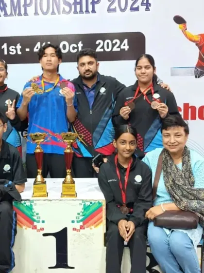 Our successful team at the CBSE Nationals. Ayushi Singhal and Samriddhi Sharma, along with their teammates, won a team bronze, showcasing their strength at the national school games level.