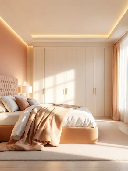 This render showcases a full wall of wardrobes with an integrated, backlit TV unit. The soft peach and cream color palette, along with cove lighting, creates a warm, radiant, and luxurious atmosphere.