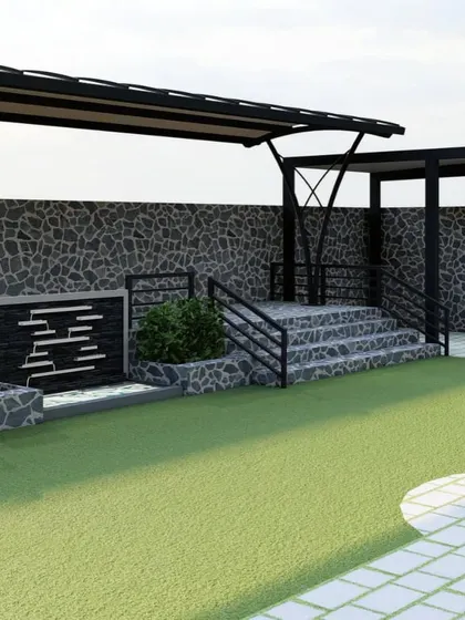 Another angle from the 3D rendering, focusing on the multi-level seating area and a modern water feature.