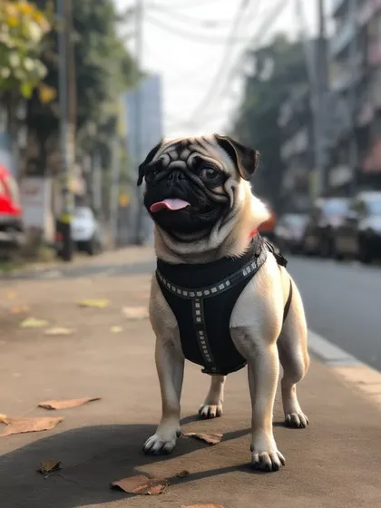 This pug is a confident city slicker, enjoying his walk on the pavement. We ensure dogs are comfortable in different environments.