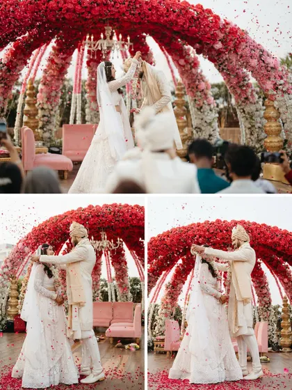 A detailed collage of the varmala exchange. It captures the moment from different angles, showing the actions of both the bride and groom.
