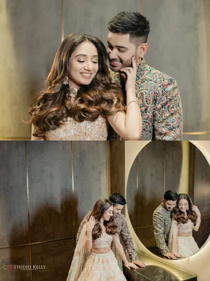 A collage of the couple sharing intimate moments, with a mirror reflection adding an artistic touch.