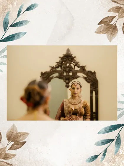 A quiet moment of reflection for the bride, looking into an ornate mirror. These portraits capture the calm before the wedding festivities begin.