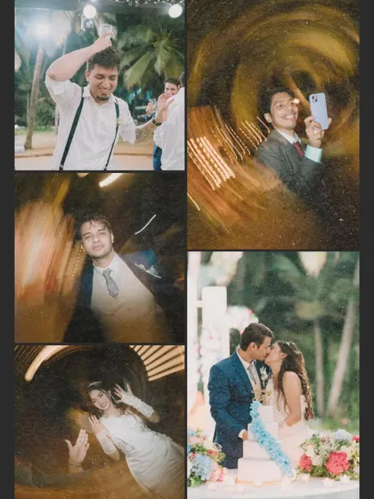 A collage of artistic and energetic party shots from the reception. The motion blur and creative framing convey the excitement of the dance floor.
