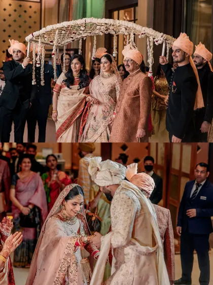 A collage showing the bride's entry under a phoolon ki chadar and the emotional moment of the palla ceremony.