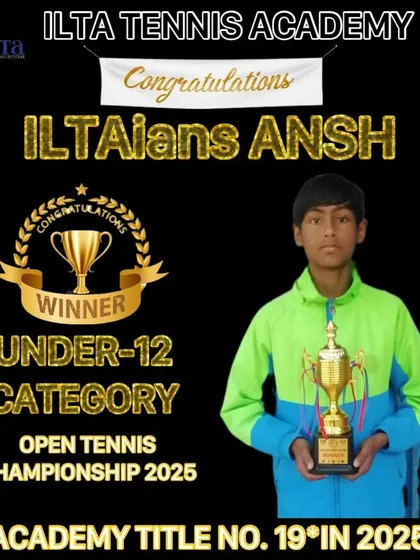 A graphic celebrating our player Ansh for winning the Under-12 category at the Open Tennis Championship. We make sure to recognize and celebrate every achievement.