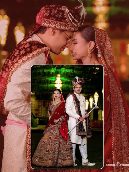 A romantic collage of the couple, Aakash and Aashima, in their traditional red and white wedding attire.