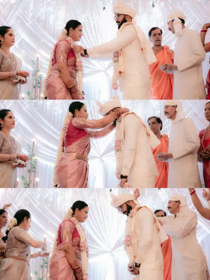 A sequence of the Varmala exchange, capturing the playful and respectful moments of the garland ceremony.