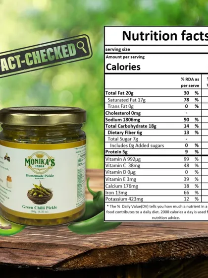 I believe in transparency, which is why I share the detailed nutrition facts for my Green Chilli Pickle. It's a flavourful condiment that you can enjoy knowing exactly what's inside.