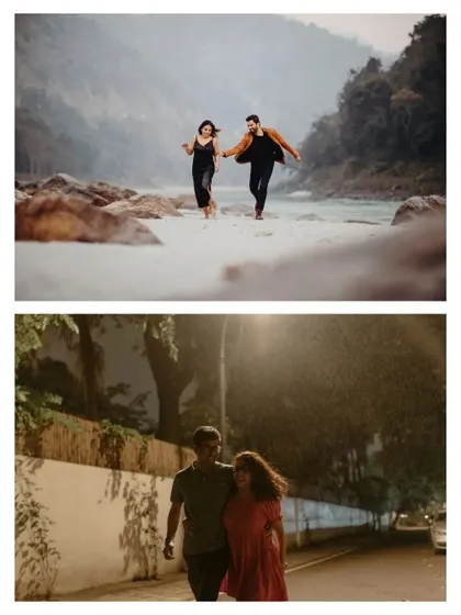 A collage contrasting two types of adventure. The top photo shows a couple running barefoot by a river in Rishikesh, while the bottom shows a romantic walk through city streets at night.