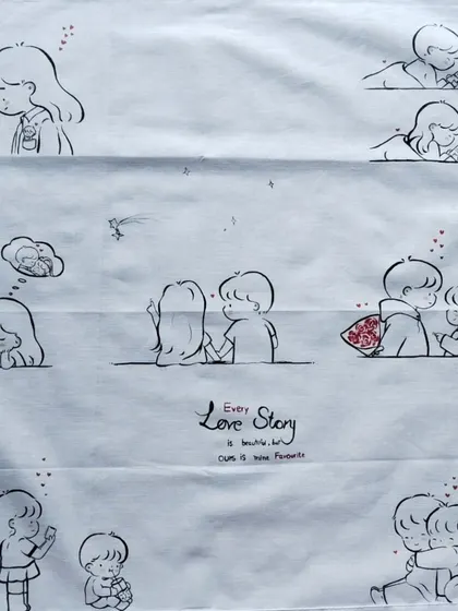 "Every love story is beautiful, but ours is my favorite." I painted this quote on a handkerchief surrounded by doodles of a couple's special moments, like sharing a gift and dreaming of each other.