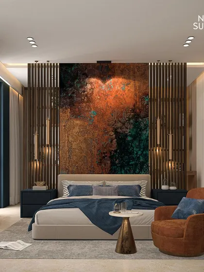 A wide view of the bedroom-cum-study, where a dramatic, textured art panel serves as the headboard. The room is divided by wooden slats, creating a sense of separation while maintaining an open, luxurious feel.