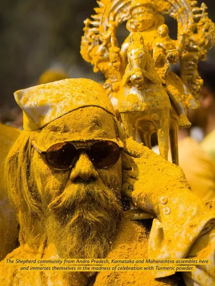 A series of striking portraits from the Pattan Kodoli festival. Each face tells a story, covered in the golden 'Bhandara' powder, reflecting deep faith and tradition.