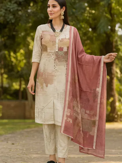 We love the earthy, muted tones of this printed kurta set. The abstract pattern in shades of beige and dusty rose gives it a soft, artistic feel. This is a versatile outfit that provides effortless style for any casual occasion.