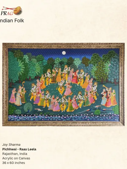 A Pichhwai painting of the 'Raas Leela' by Joy Sharma, a traditional style from Rajasthan characterized by its devotional themes and detailed execution.