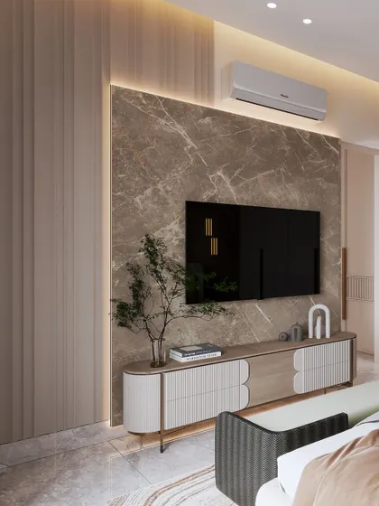 The TV wall in this bedroom features a marble slab and a sleek, modern console, blending natural materials with contemporary design.