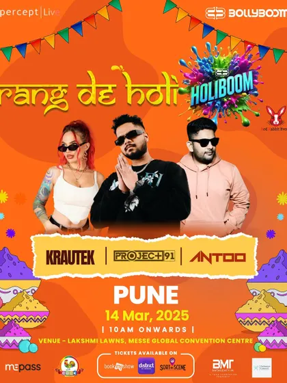 The official poster for Holiboom "Rang De Holi" in Pune, featuring headliners Krautek and Project 91. We create distinct branding and promotions for each city's event.