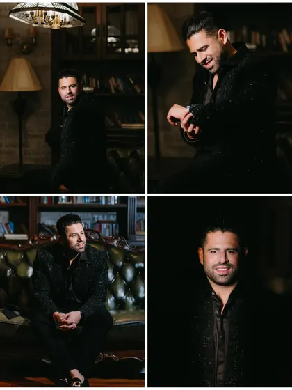 A collage of the groom looking sharp in a black, sequined jacket, posing in a dimly lit, classic library setting.
