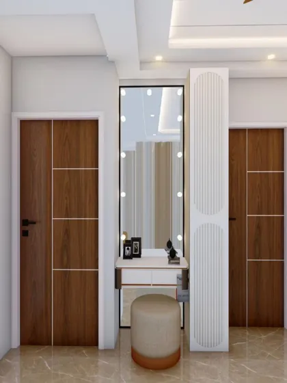 This 3D visualization focuses on the entryway of a bedroom, showing how the door designs and a compact vanity table can be integrated seamlessly. This planning stage is crucial for getting every detail right.