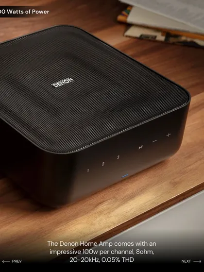 The Denon Home Amp delivers an impressive 100 watts of power per channel. This image highlights its capability to drive a wide range of speakers with authority and precision, ensuring a high-quality listening experience.