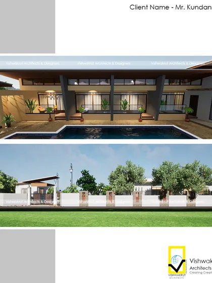 A composite image showing two key views from the design phase: the poolside elevation and the property's boundary wall, illustrating both macro and micro design considerations.