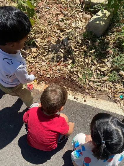 A group of children crouches down to get a closer look at something they've discovered on the ground during their nature walk.