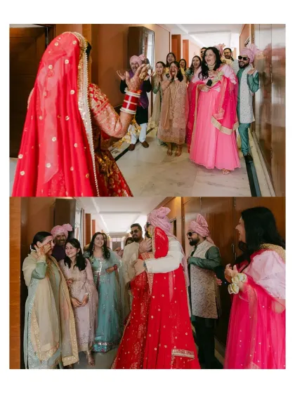 The bride's joyful arrival and first embrace with her groom. This two-part image captures the anticipation and emotional reunion that marks the beginning of the wedding ceremony.