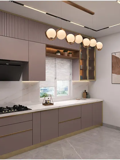 A modern kitchen concept in a trendy mauve finish, with sleek lines, integrated appliances, and stylish pendant lighting.