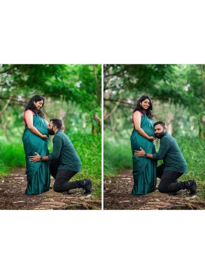 A classic and heartfelt pose that we love to capture. The father-to-be's gentle kiss on the baby bump in a lush green setting makes for a powerful and emotional photograph.