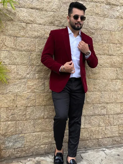 A full-length shot of my red blazer outfit, showing the complete stylish look.