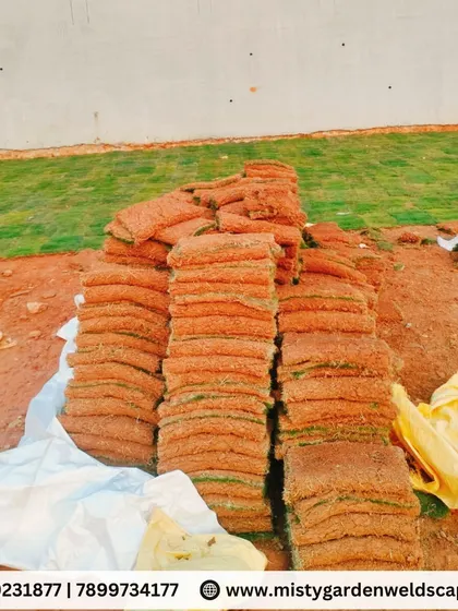 Stacks of fresh Mexican grass turf ready to be installed. We source high quality materials to ensure a healthy and long lasting lawn for our clients.