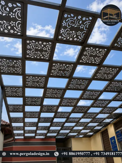 This pergola roof features a delicate, floral-inspired laser-cut pattern. It's a perfect example of how we can customize designs to match any aesthetic, from modern geometric to classic and ornate.