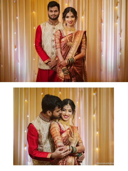 A posed portrait and a candid embrace. This shows my ability to direct formal shots and also capture the spontaneous, joyful moments during an indoor engagement ceremony.