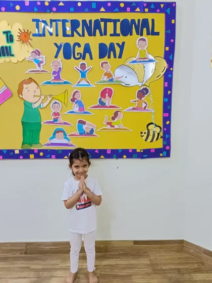 Another young camper celebrating International Yoga Day with a perfect prayer pose. We encourage all our children to participate and do their best.