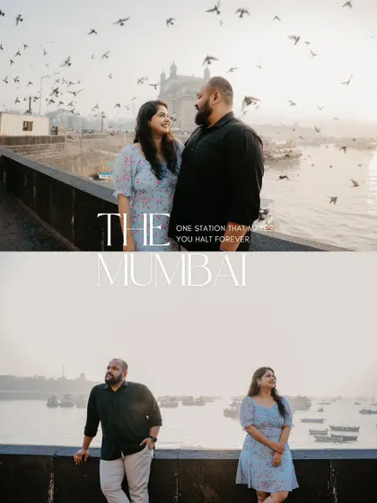 A two-panel image of a couple at the Gateway of India, with pigeons flying overhead. The text "The Mumbai" makes it a perfect tribute to a love story in the city.
