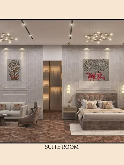 Another suite room visualization for Jharkhand Bhawan. This design features a larger layout with distinct living and sleeping areas, decorated with traditional Indian art and modern furnishings.