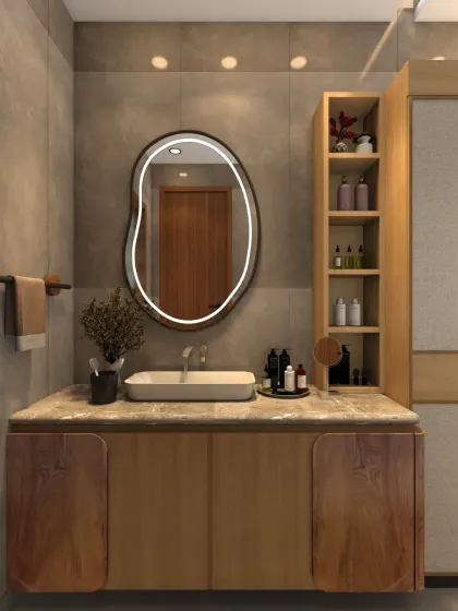 A close-up of the vanity area, showing the beautiful wood grain and the sleek, modern fixtures.