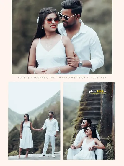 A stylish collage of a couple in white, combining a lead portrait with two smaller, full-body shots to tell a cohesive story.