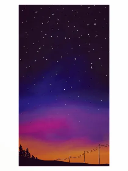 A digital painting of a night sky gradient, from a warm sunset glow to a deep, star-filled purple. I created this piece using Adobe Fresco to explore its watercolor and oil brush effects.