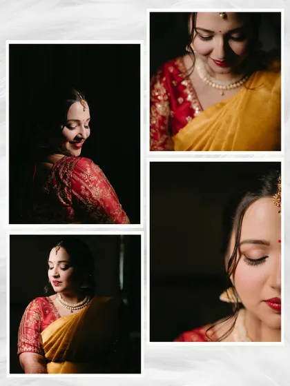 A collage of artistic, low-light portraits of a bride, focusing on her expressive face, makeup, and serene expressions.